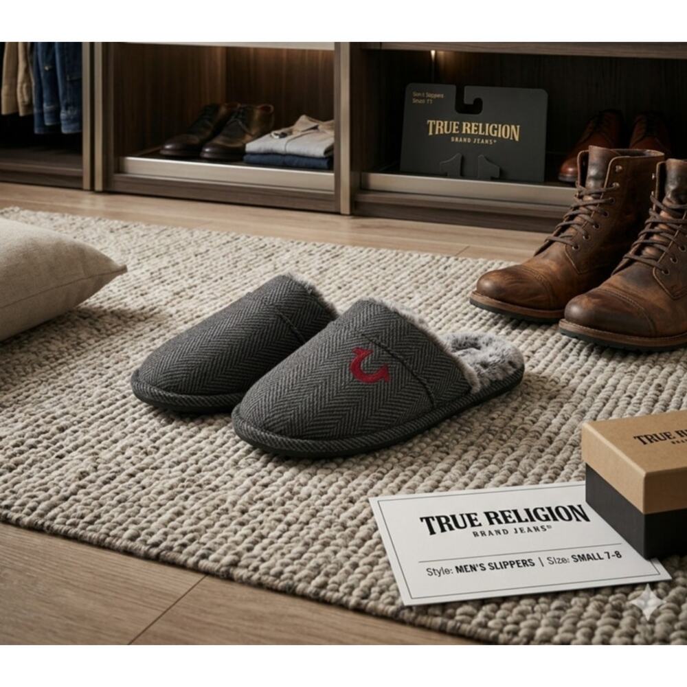 NWT True Religion Men’s Herringbone Slippers - Small 7-8 - Gray/Red 🏠